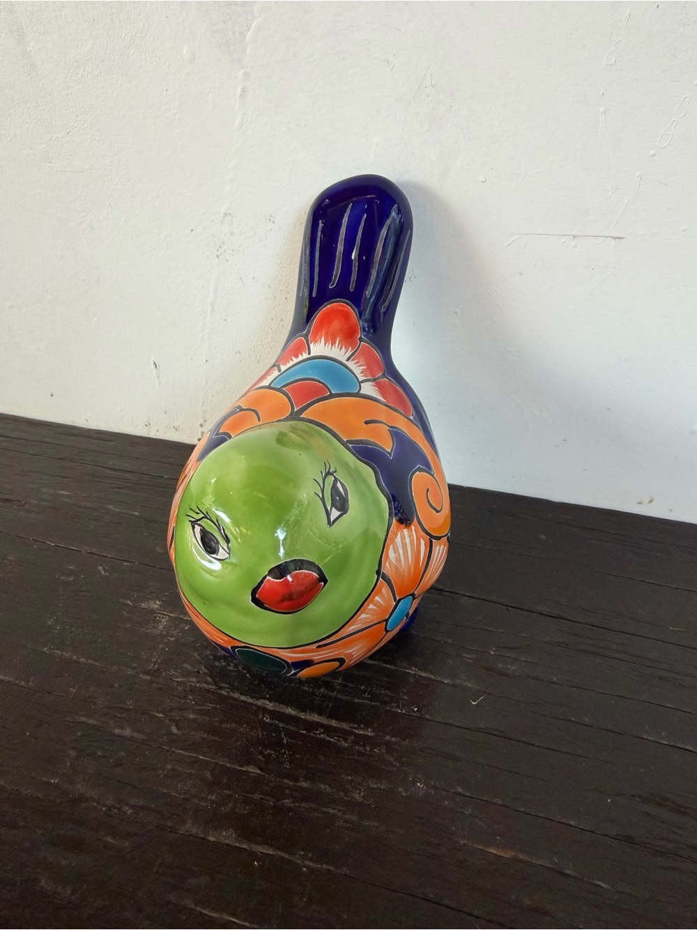 Hand-Painted Talavera Bird Figurine Decor in Green and Multicolor